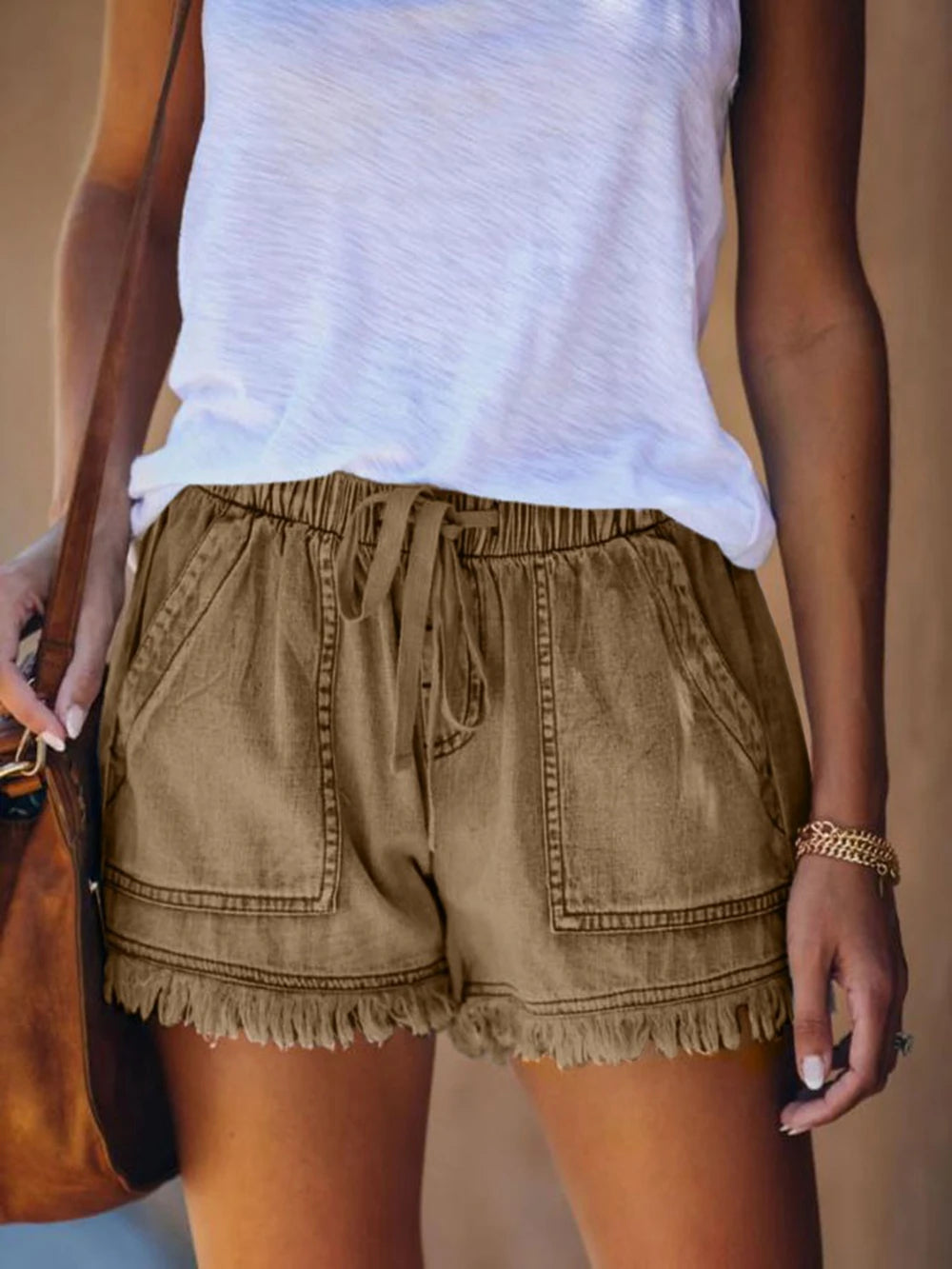 Women’s Denim Shorts Drawstring Elastic Waist Frayed Hem Short Pants Summer Casual Vintage Hottie Girls Loose Jeans with Pockets