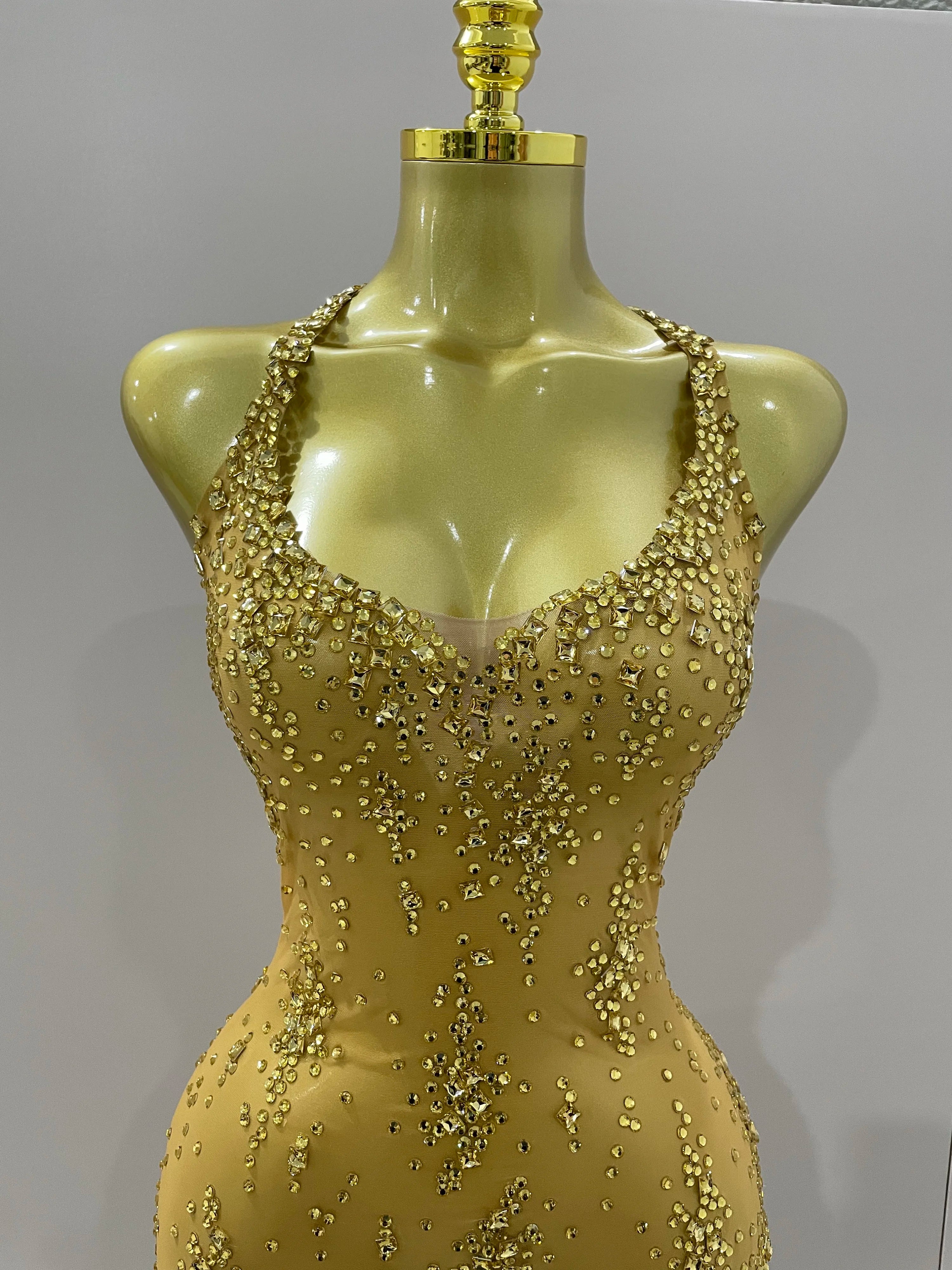 2025 New Sparkly Rhinestone V Neck Stretch Mesh Sexy See Through Dress Women Elegant Party Celebrate Perform Costume Stage Outfi