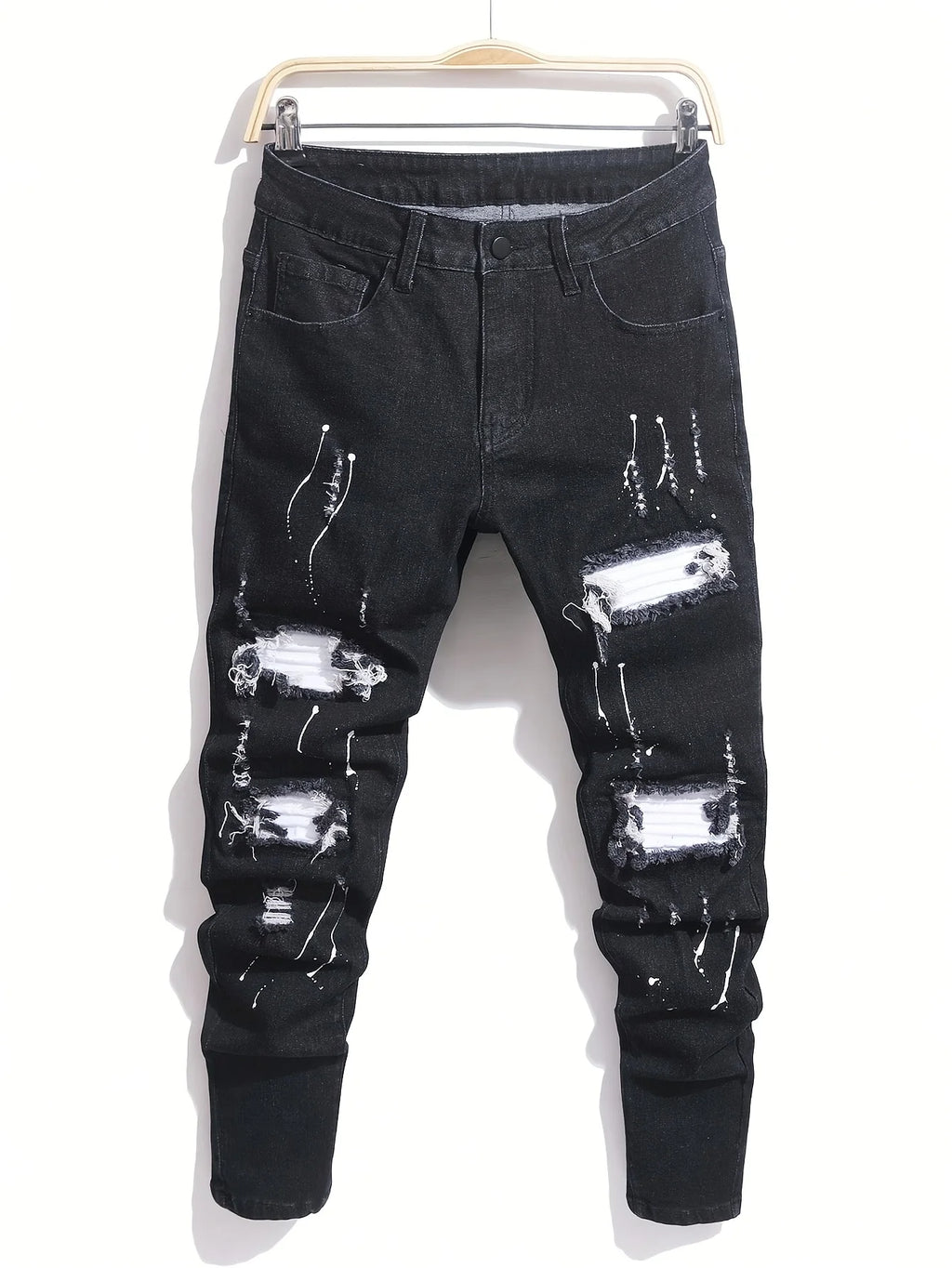 Men's Ripped Denim Jeans for Man High Stretch Skinny Biker Pants Casual Slim Fit Trousers with Patchwork Embroidery Streetwear