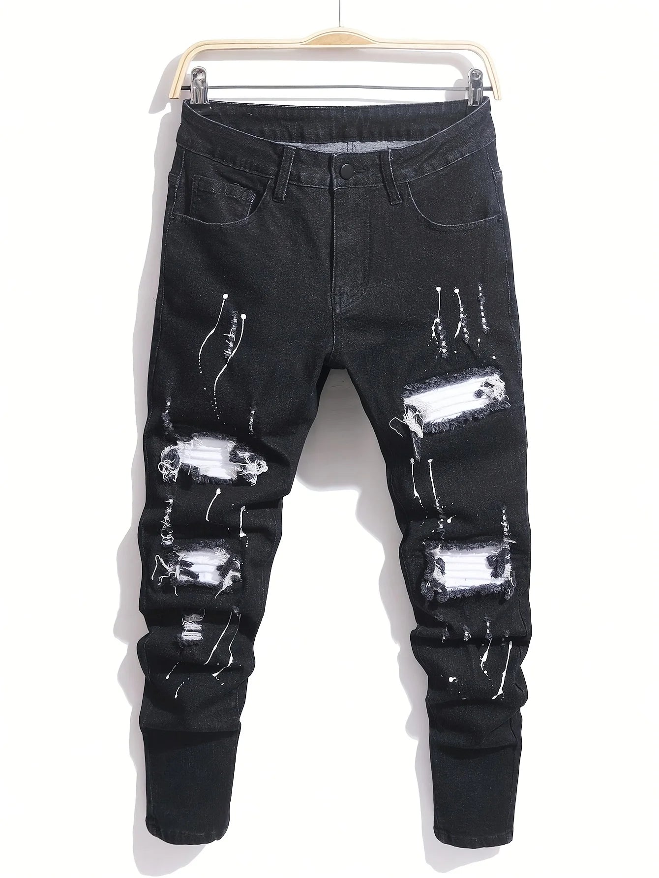 Men's Ripped Denim Jeans for Man High Stretch Skinny Biker Pants Casual Slim Fit Trousers with Patchwork Embroidery Streetwear