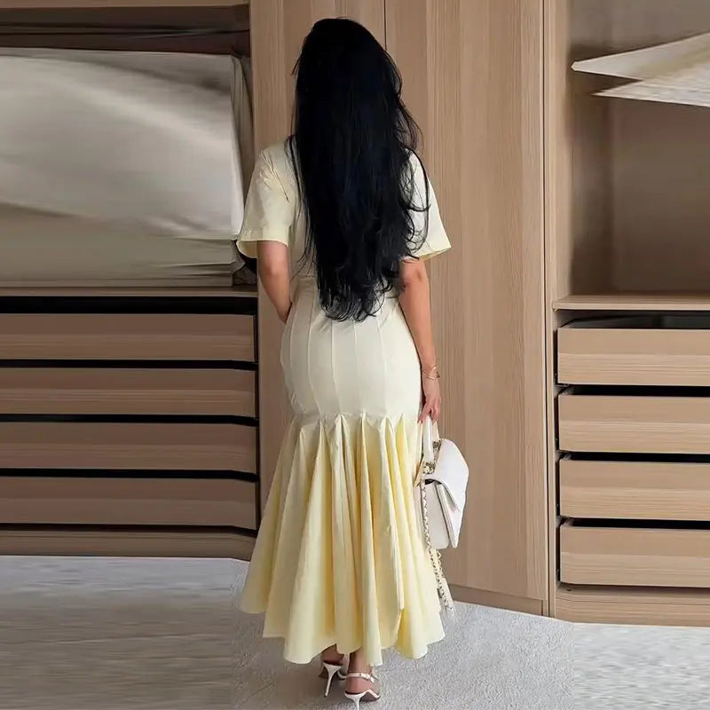 Elegant Solid Women's Dress V-Neck Short Sleeve Pleated Waist-Closed Hip Package Maxi Dresses 2026 Summer Female Vacation Robe