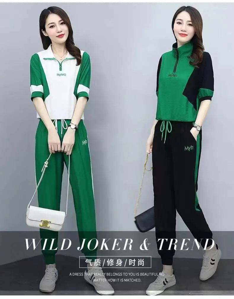 2 Piece Sets Women 2024 Summer Fashion Contrast Color Half Zipper Short Sleeve Tops Casual Pockets Sports Joggers Pants Outfits