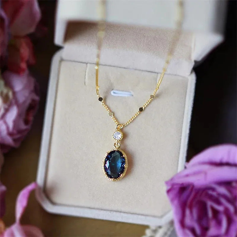 925 Sterling Silver Oval Blue Stone Pendant Necklace Gorgeous Wedding Bridal Accessories Gift Fashion Jewelry for Women