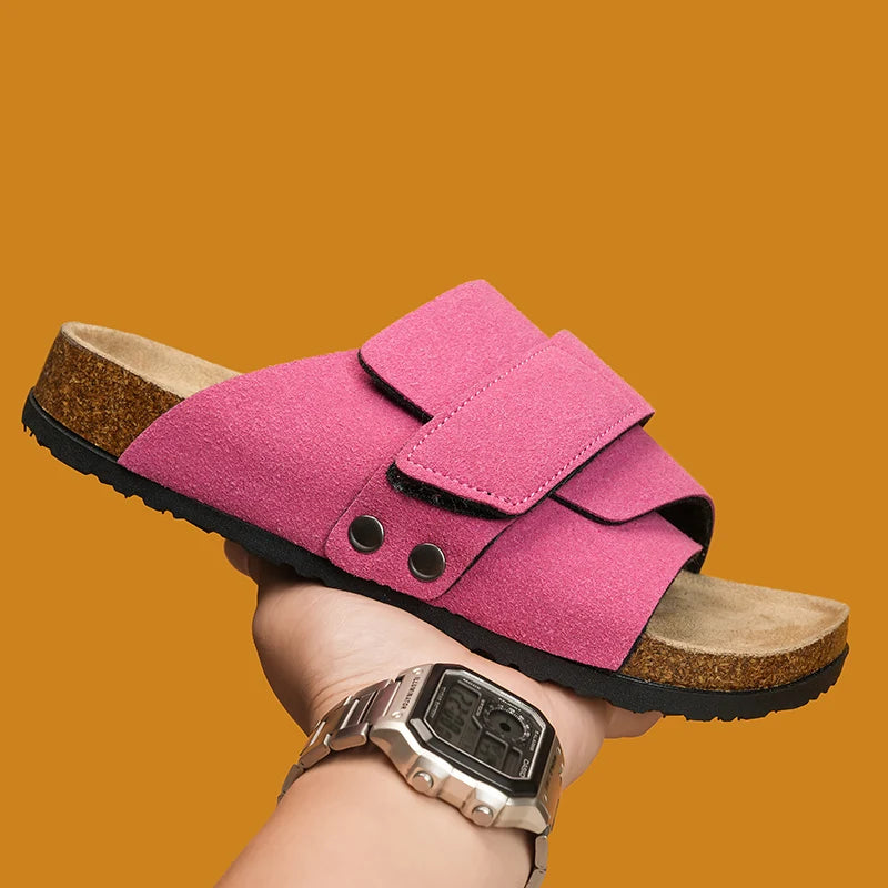 Men's Cork Slippers Suede Leather Clogs with Open Upper Comfort Footbed Adjustable Sandals Slides Indoor Home Shoes Women Couple