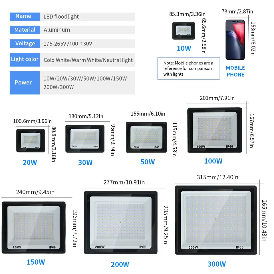 Outdoor LED Floodlights 10W 20W 30W 50W 100W 150W 200W 300W AC220V AC110V Ultra-bright Garden Garage Lighting Outdoor LED Light