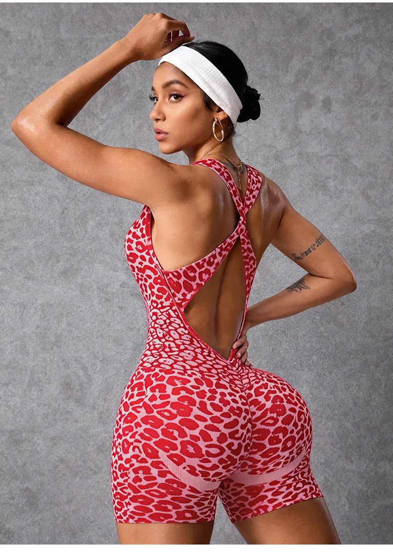 Seamless Leopard Print Cross-strap One-piece Shorts Yoga Clothes Fitness Tight High Elastic Yoga Vest with One-piece Chest Pad