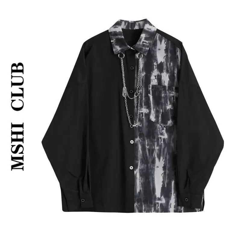 Spring Autumn New Fashion Turn-down Collar Long Sleeve Tie Dye Blouse Men's Clothing Patchwork Chain Button Korean Trend Shirts