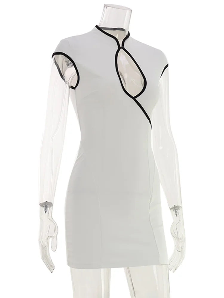 Huhugirl Mini Dresses Fashion Color Block Hollow Out Sleeveless Sheath Slim Bodycon Club Street Style Designed For Women Casual