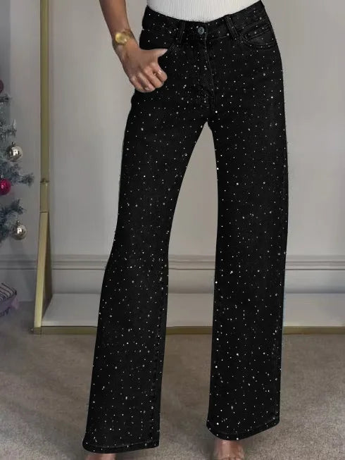 Shiny Rhinestone Jeans Pants Sexy Women High Waist Elegant Night Club Diamonds Denim Straight Trousers