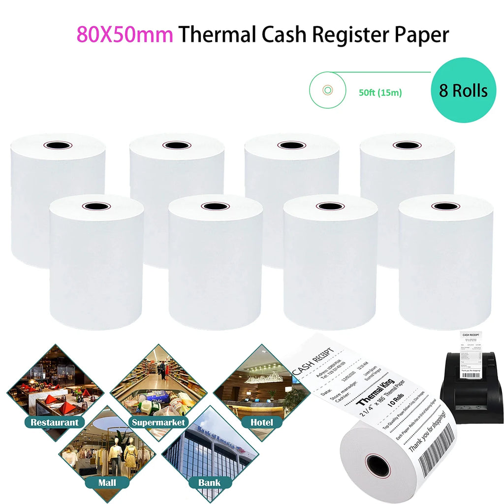 3 1/8 x 50 Thermal Paper (80mm x 50m) for Square POS System, Register Thermal Receipt Paper Rolls for TM-T88III,TM-T88IV,TM-T88V
