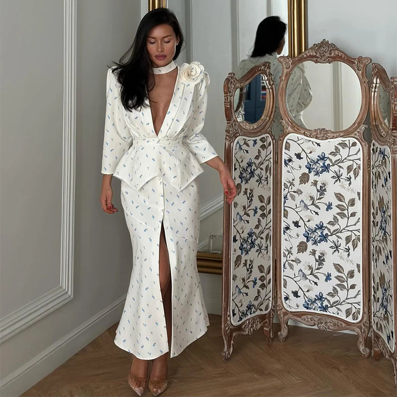 Elegant Women's Printed Waistband Stain Long Dress Slim Waist Cinched Bubble Sleeve Dresses 2026 Spring Summer Party Robes