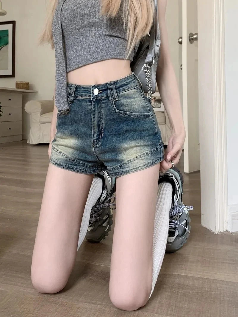 Retro Washed Denim Shorts for Women High Waist Slimming Hot Pants Mini Skirt Y2K Style Summer Fashion Small Stature Sexy Look