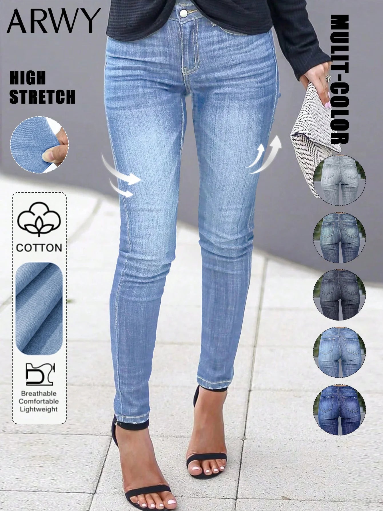 Women's Fashionable Elegant Casual Versatile Washed Cat's Whisker Pattern Skinny Fit Denim Jeans for Daily Wear