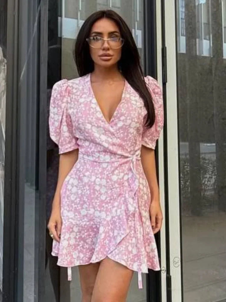 Elegant Printed Lace Up Dress Women V-neck Puff Short Sleeve Waist-cinching Mini Dresses Lady Daily Street Gowns 2026 Summer