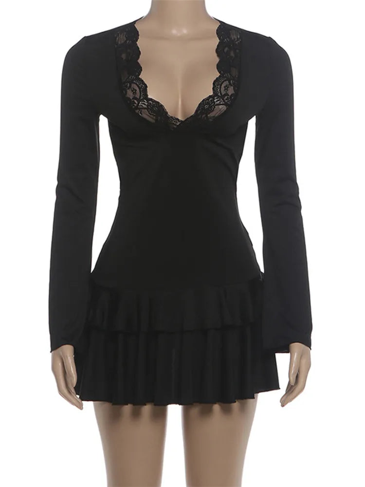 Sibybo Women Lace Patchwork Pleated Mini Dress Fashion Deep V Neck Flare Sleeve Slim Fit A-line Bodycon Dresses Sexy Streetwear