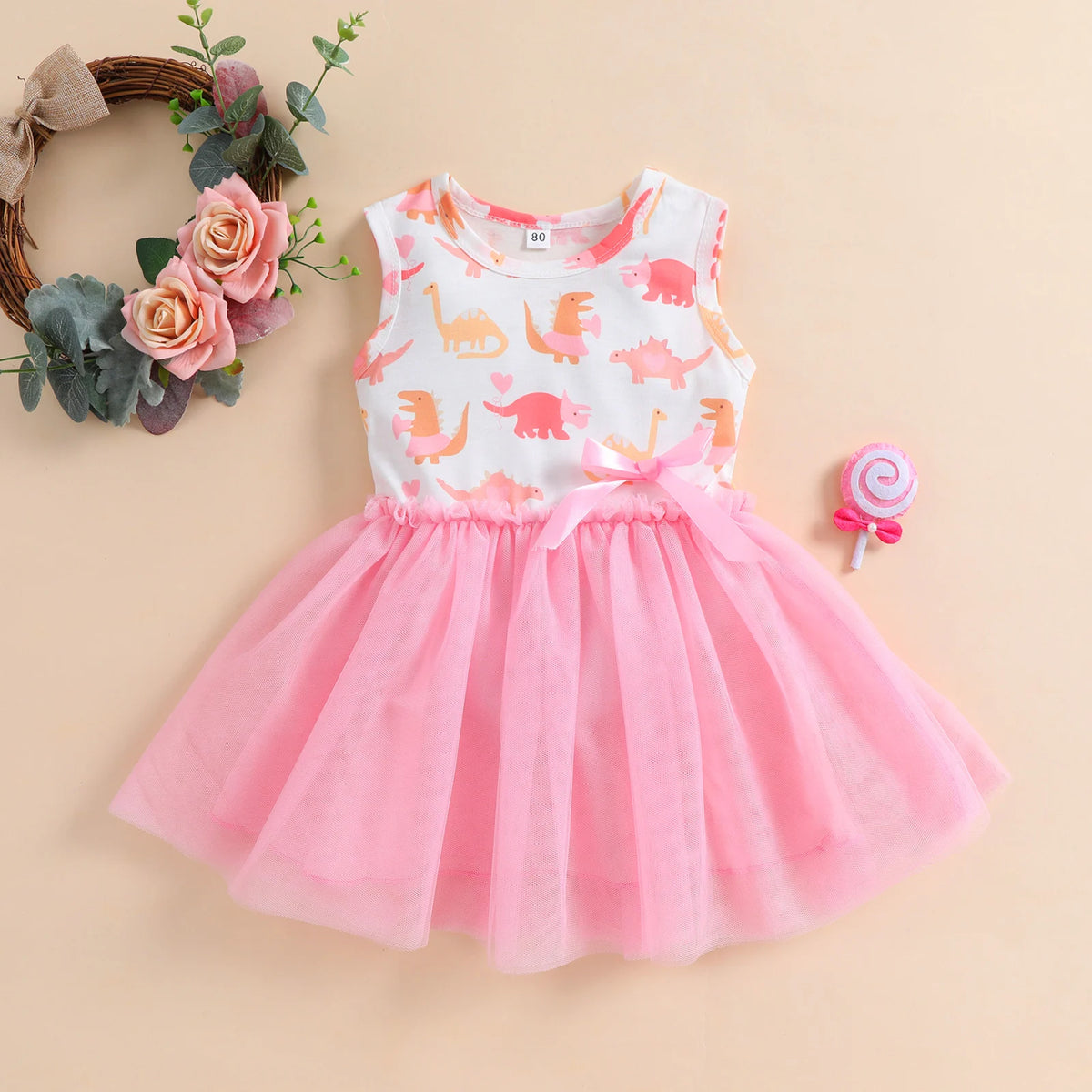 Summer 1-5 Years Little Girl Princess Dress Clothing Baby Girl Sleeveless Dinosaur Print Mesh Dress For Kids Girl Party