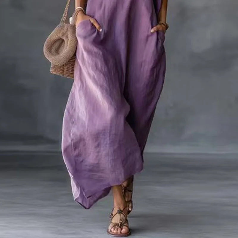 Women's Summer Boho Maxi Dress Spring V-Neck Lace Trim Short Sleeve Kaftan Dress Casual Loose Pocket Vacation Long Dress Vestido