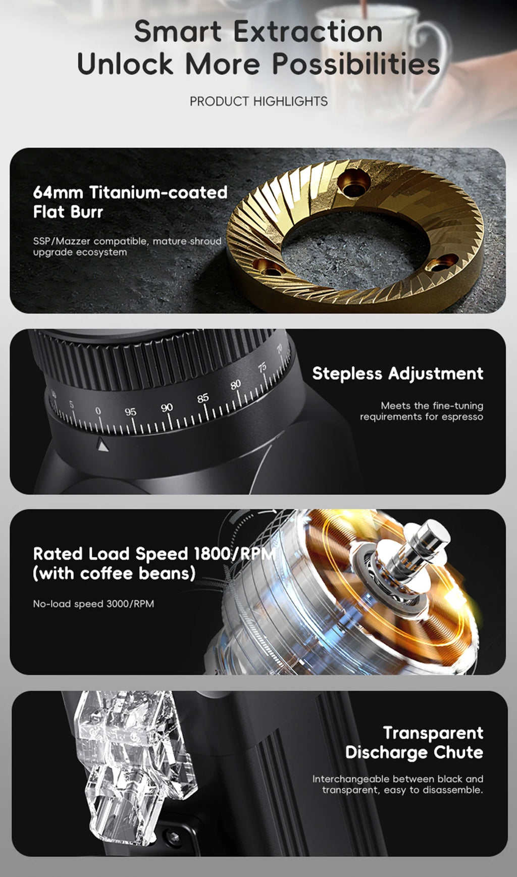 STARSEEKER E64 Electric Coffee Grinder 64MM Espresso Titanium Flat burr Stepless Fineness Adjustment Home Bean Grinder Black