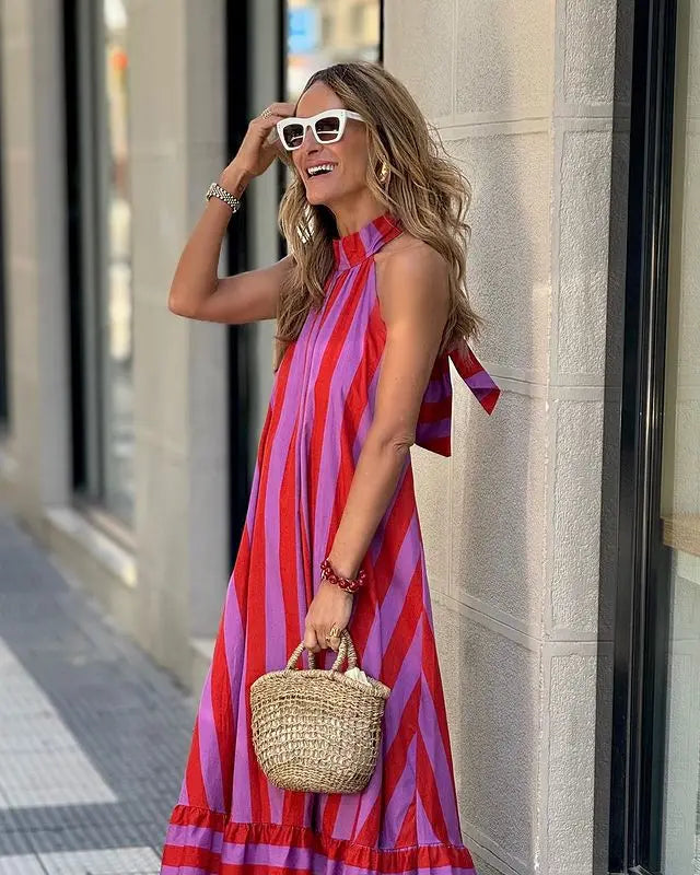Summer New Sleeveless Neck Hanging Pink Dress Women's Long Dress With Backless Straps Loose Striped Printed A-line Skirt 2026