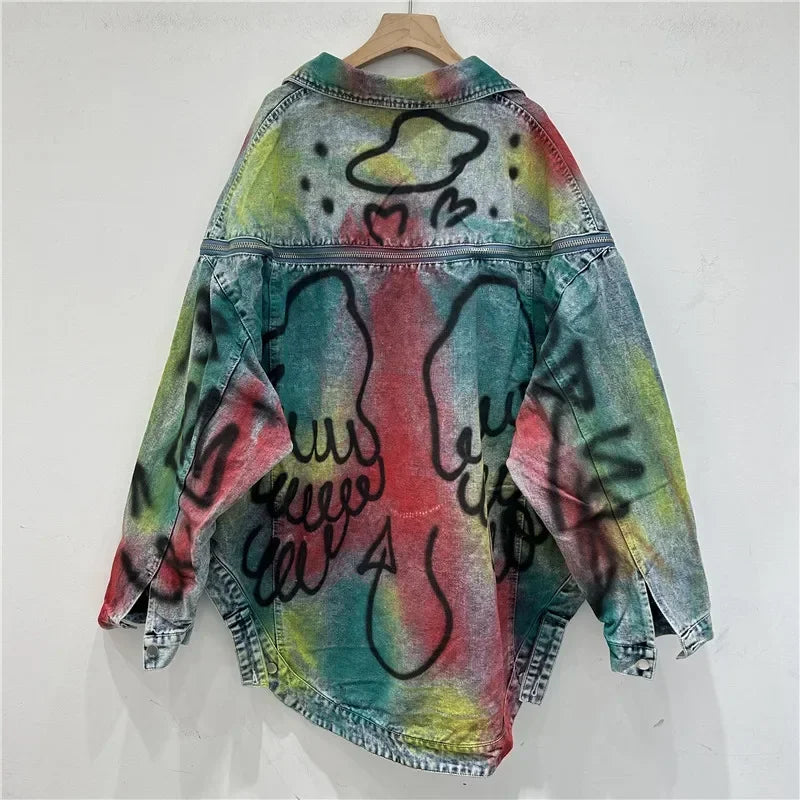 Hand-painted Graffiti Letter Print Denim Coat Zipper Decoration Women Loose Casual Lapel Long Sleeve Irregular Hem Jeans Jacket