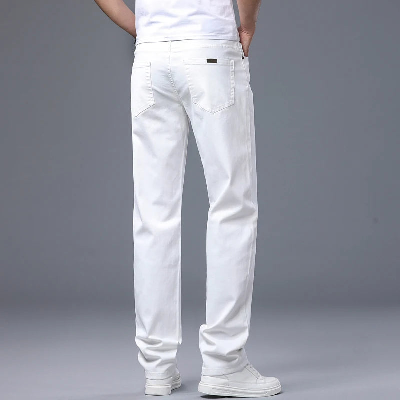 Men's White Jeans Fashionable Straight Business Casual Stretch Denim Pants Classic Fit Solid Color Comfortable All Season Pants