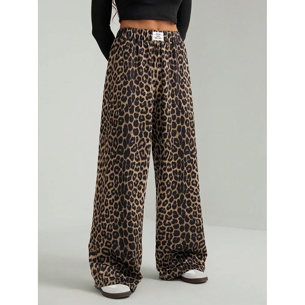 Casual Leopard Print Wide Leg Loose Fit Long Pants Versatile Spring Autumn New Style Women's Fashion plus Size Straight Leg T...