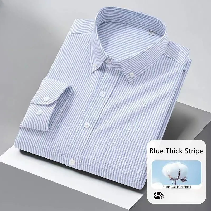 High Quality Men's Dress Shirts Long Sleeve Spring Autumn 100% Cotton Oxford Causal Stripe Social Slim White Man Clothing 5XL