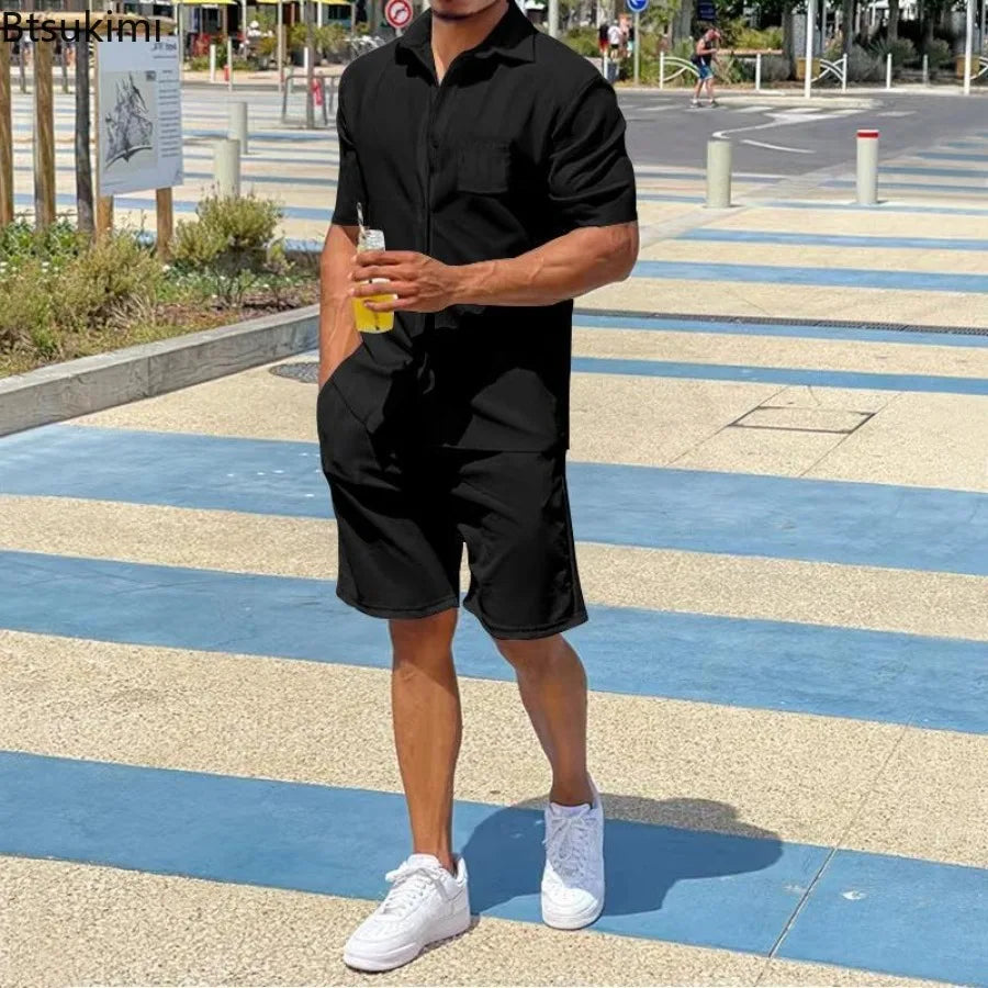 2026 Men's Summer Solid Casual Sets Comfy Cotton Linen Short Sleeve Lapel Shirt and Shorts Two Piece Sets Men Loose Sport Outfit