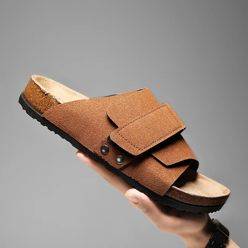 Men's Cork Slippers Suede Leather Clogs with Open Upper Comfort Footbed Adjustable Sandals Slides Indoor Home Shoes Women Couple