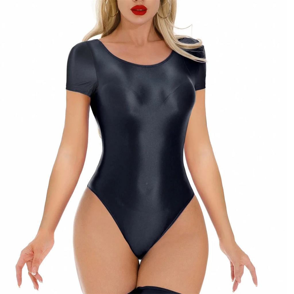 Women Sexy Bikini Leotard Solid Color Oil Shiny Smooth Bodysuits Short Sleeve Swimwear Rompers Transparent Yoga Fitness Catsuits