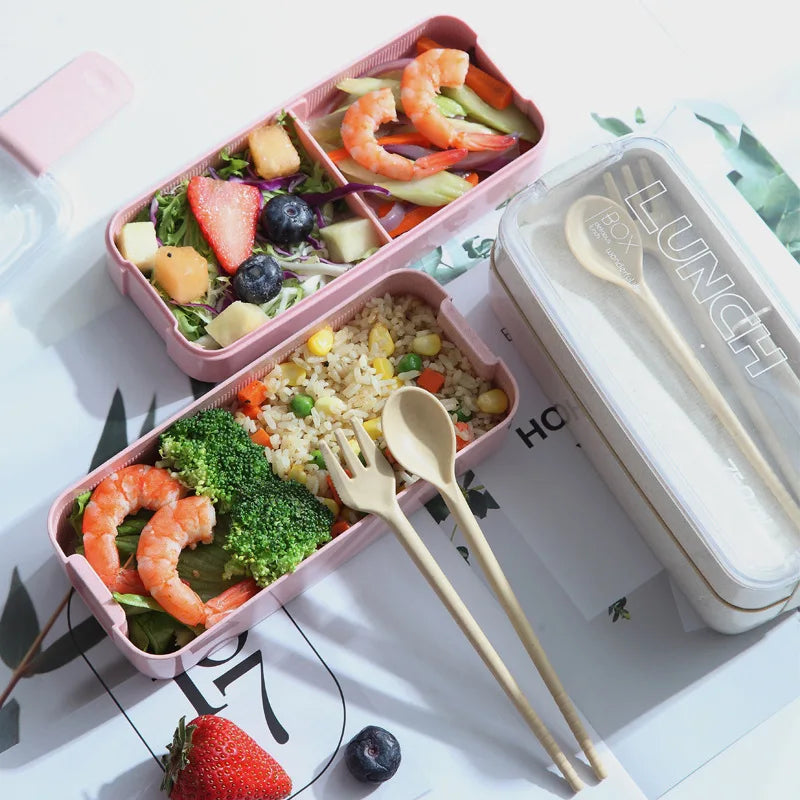 Wheat Straw Lunch Box ，Stackable Bento Box Microwave Dinnerware Food Storage Container with Spoon Fork For Student Work，2 Layer