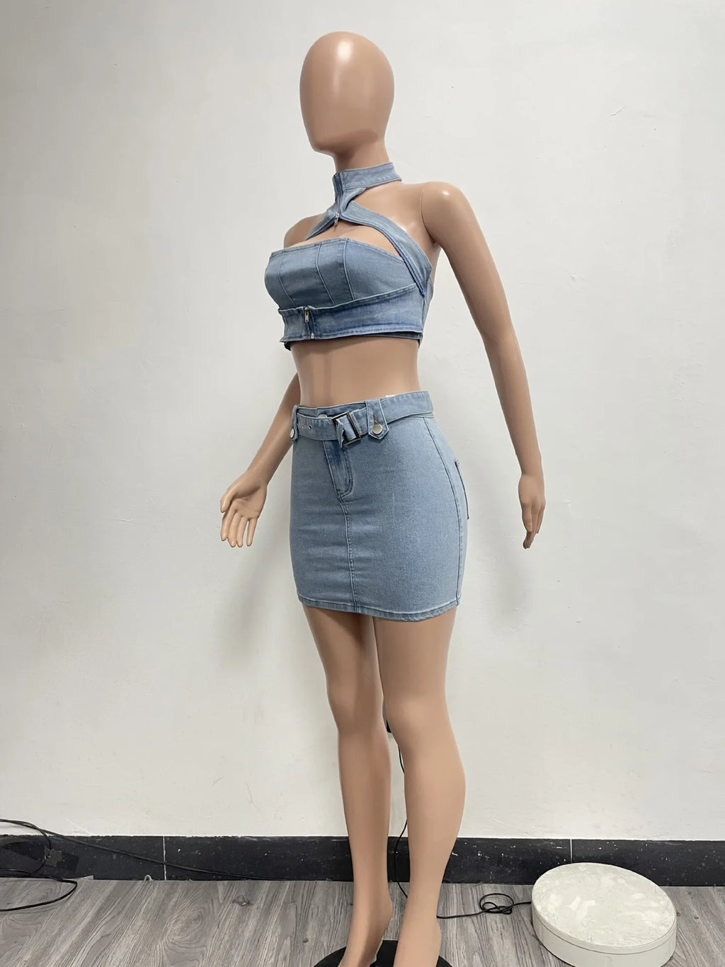 Streetwear Jeans Mini Skirt Outfit Sexy Women Elegant Two Pieces Denim Club Matching Set Top+Mini Skirt