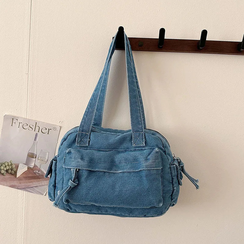 Trendy Vintage Denim Top Handle Bag Women Fashion Spring Shoulder Bag Casual Comfortable and Versatile Texture Storage Bag