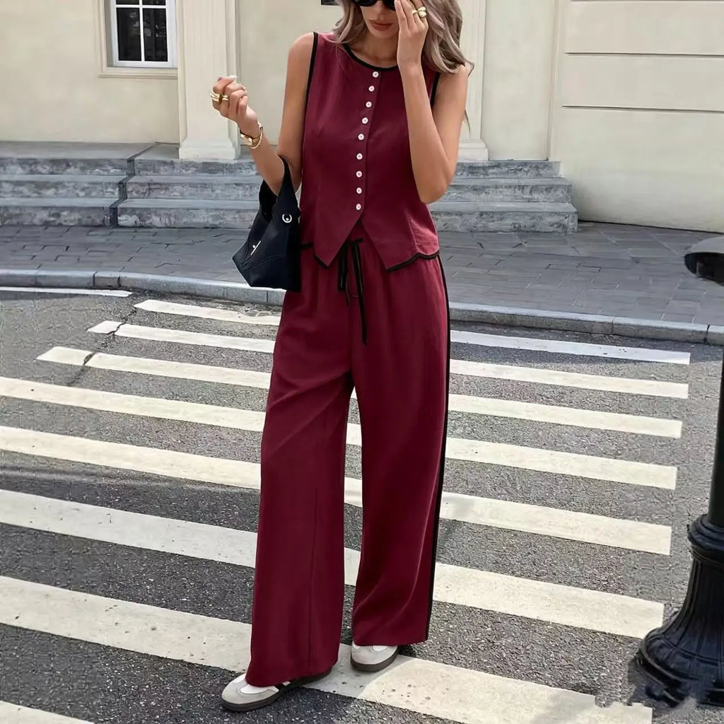 2026 New Multi Color Contrast Edge Tank Top and Trousers Suit Ladies Sleeveless Waistcoat Loose Pants Daily Travel Streetwear