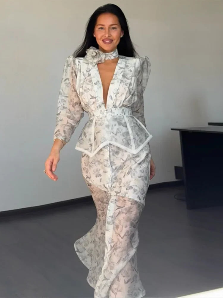 Elegant Printed Women's Dress V-neck Front Split Waist-closed Sashes Wrist Sleeve Gauze Dresses 2026 Summer Chic Female Robe