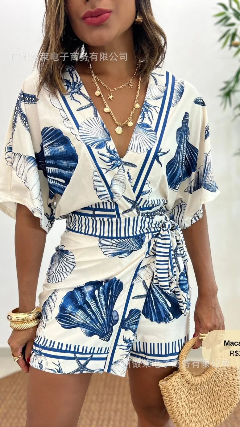 Women V Neck Beach Printed High Waist Stretch Jumpsuit Shorts Overall Playsuit