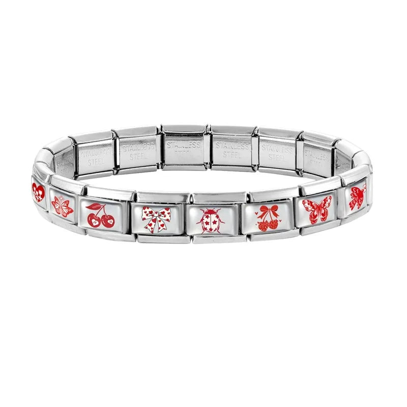Fashion Red Series Heart Flower Bowknot Cherry Women Men Charm Link fit 9mm Stainless Steel Italian Bracelet Making DIY Jewelry