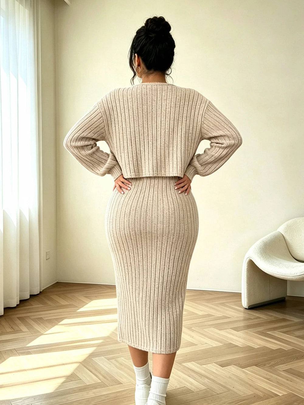 Plus-size Women's Button-down Cardigan Dress Set, Ribbed Knit, Drop-shoulder Design, Perfect for Autumn Wear