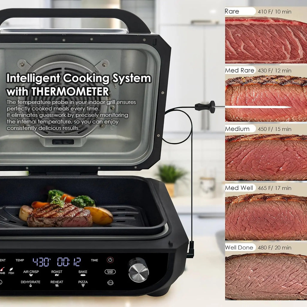 Indoor Grill Air Fryer Combo, 7-in-1 Electric Grill with Steak, Roast, Air Crisp, Bake, Dehydrate, Pizza and Reheat. Smart Therm