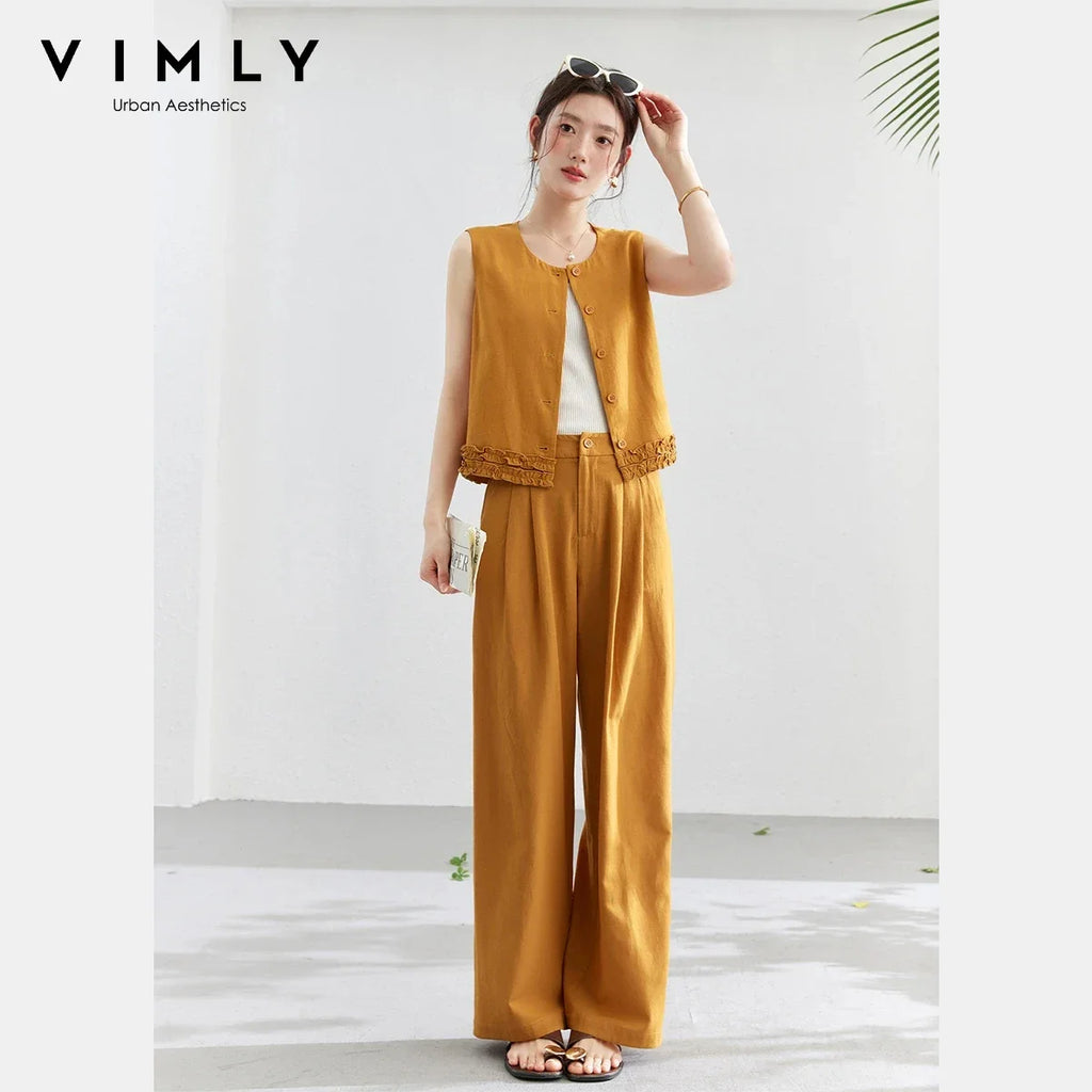 VIMLY Office Two-Piece Set Women 2026 Summer New Fashion Ruffle Hem Cropped Sleeveless Vest Wide Leg Pants Casual Outfit A6153