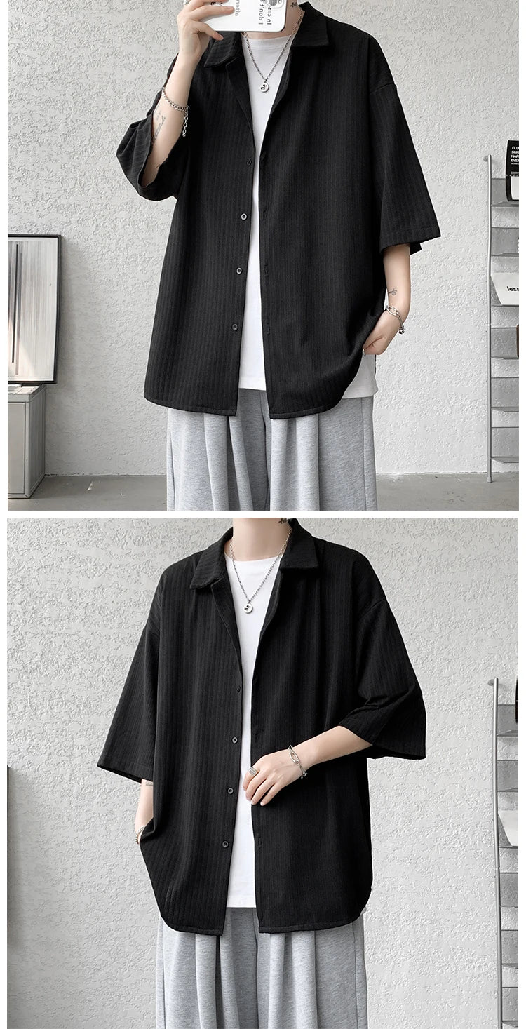 LEGIBLE Spring Summer Solid Shirts Men Casual Oversized Three Quarter Shirts Male Loose Fit Shirt for Man