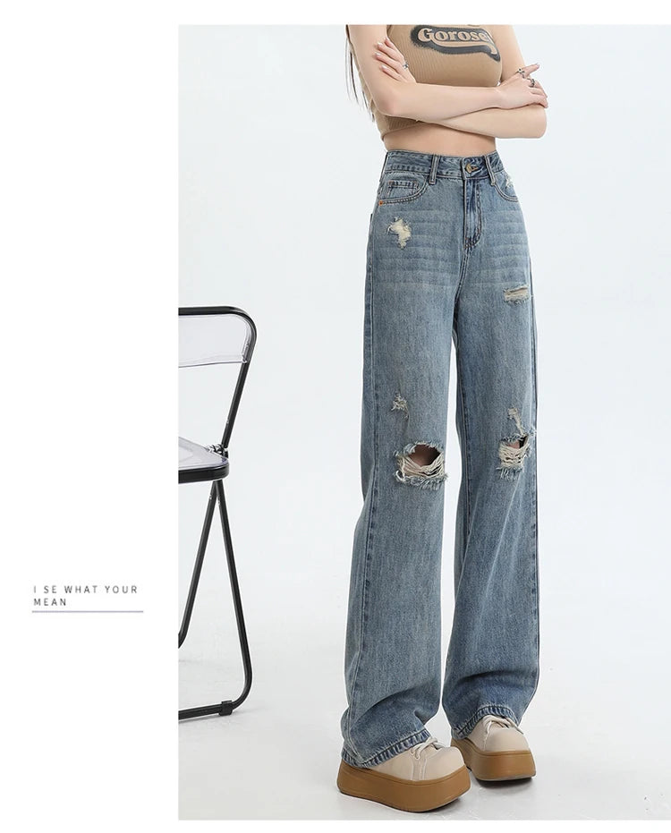 New Ripped Casual Loose Women Jeans High Waist Blue Korean Straight Pants Female Chicly Fashion Street Slim Woman Jeans