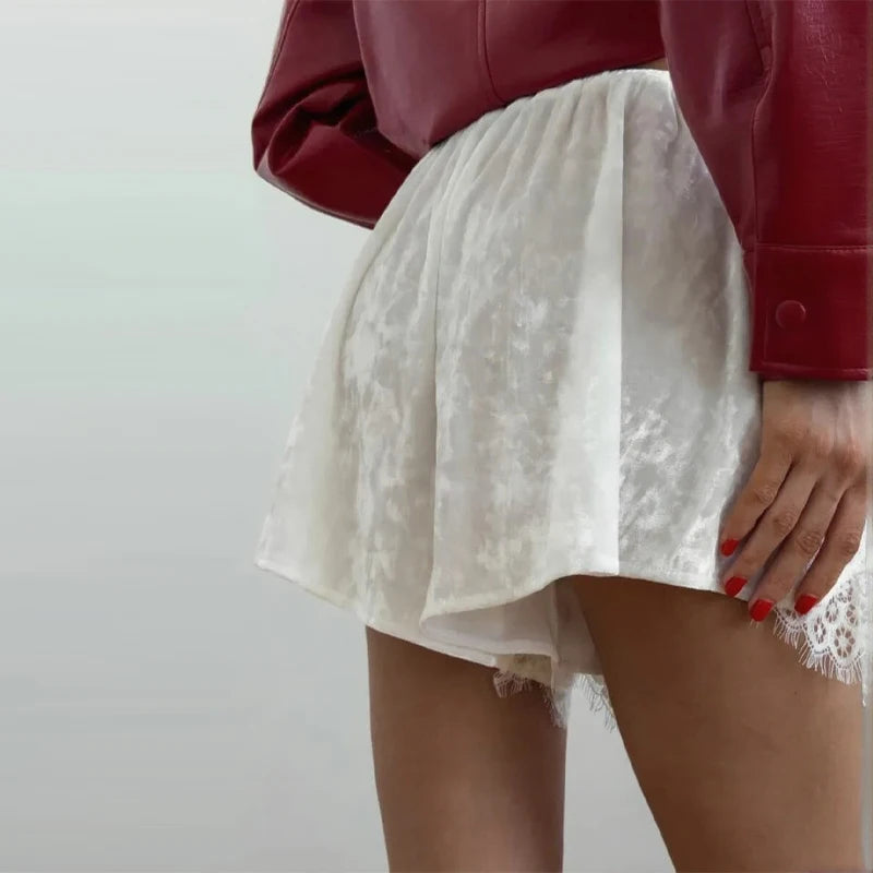 Fashion Women's Velvet Lace Patchwork Shorts Loose Hollow Out Elastic Waist Short Pant 2026 Summer Lady Casual All-match Pants