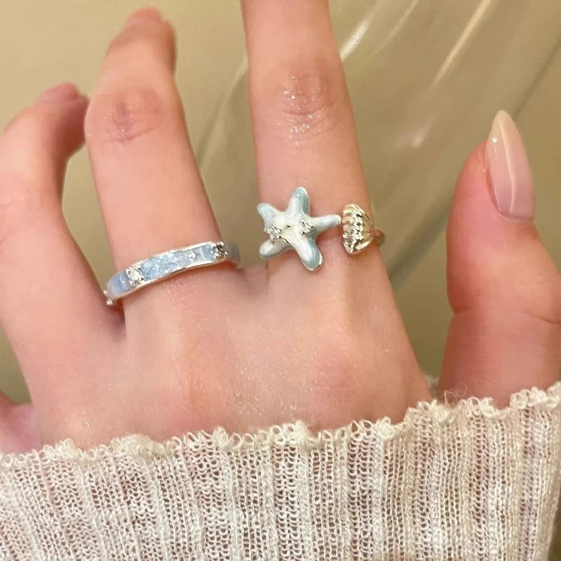 Sweet Blue Starfish Shell Rings for Women Girls Fashion Imitation Pearl Open Rings Summer Ocean Vacation Jewelry Accessories