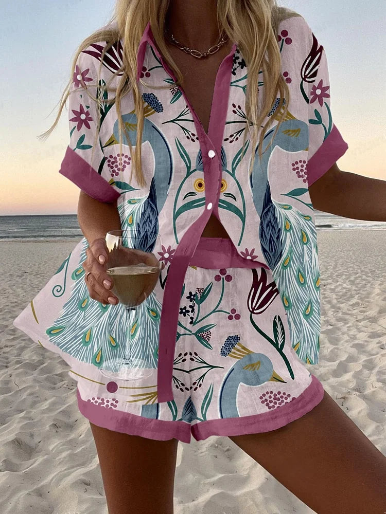 Fashion Women's Beach Holiday 2-Piece Suit Summer Print Short Sleeve Shirt Wide Legs Short Loose Two-Piece Sets Women Outfit