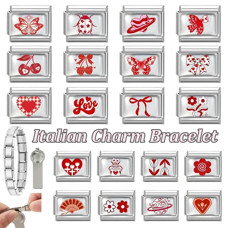 Fashion Red Series Heart Flower Bowknot Cherry Women Men Charm Link fit 9mm Stainless Steel Italian Bracelet Making DIY Jewelry