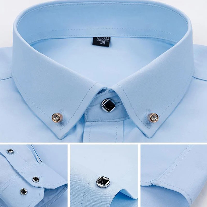 Hot Sale Men's Dress Shirts Formal Long Sleeve Business Social Camisa Contrast With Diamond Anti-wrinkle Button Down Men Clothes