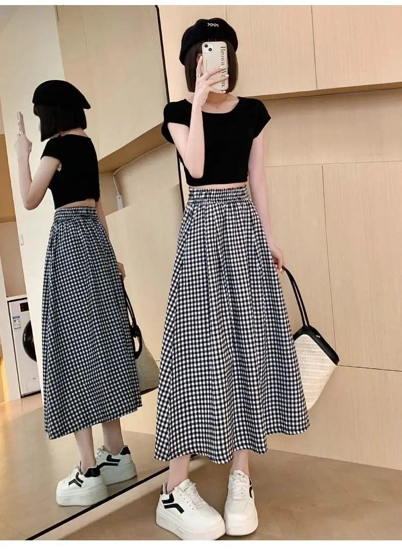 Black White Checkered A-line Skirt Women Summer Lightweight High Waisted Long Skirt for Petite Slimming Casual 2025 New