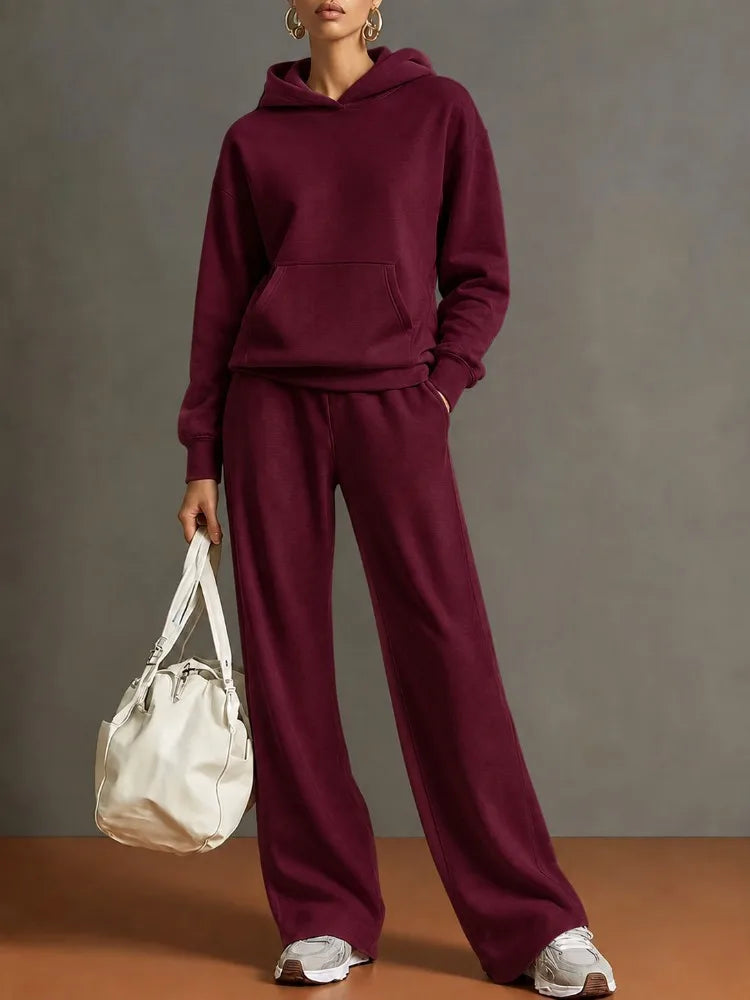 Autumn Fashion Warm Hoodie Sweatshirts Two Pieces Over Sized Solid Casual Hood Pullovers Long Pant Sets Women's Tracksuit Suit