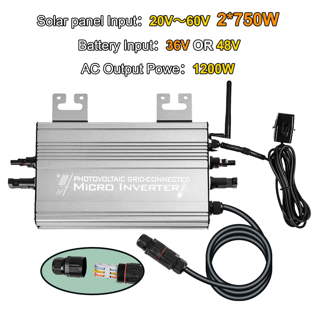 1200W/1000W/750W GS Hybrid Micro Inverter for Solar Pane & 36V/48V Battery Grid-Tie with Zero Export 180-265V AC | WiFi, IP65